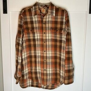Timberland Orange and Brown Plaid Collared Button Down Shirt Flannel Gorpcore 2X